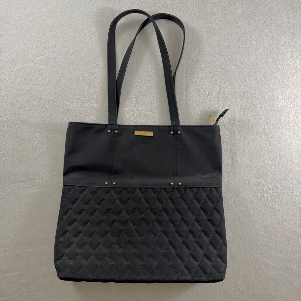 St John Black Quilted Shoulder Tote Handbag Purse Gold Designer Vintage 12x13x3